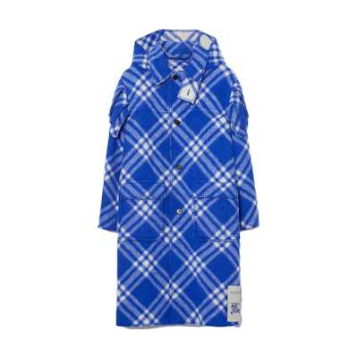 Burberry Blue Hooded Plaid Wool Coat with Pockets and Long Sleeves 80789131