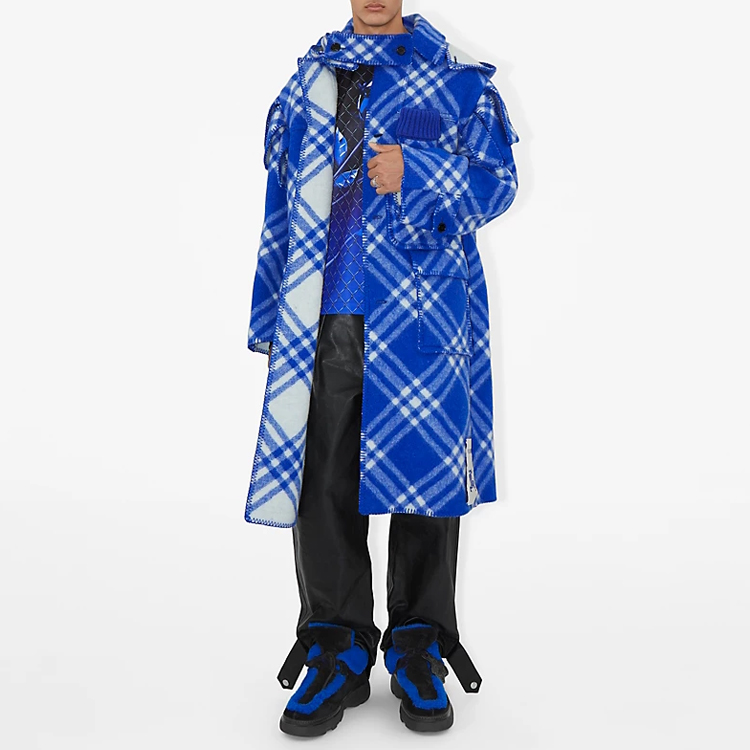 Burberry  Blue Hooded Plaid Wool Coat with Pockets and Long Sleeves 80789131 圖 3