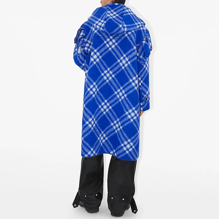 Burberry  Blue Hooded Plaid Wool Coat with Pockets and Long Sleeves 80789131 圖 4