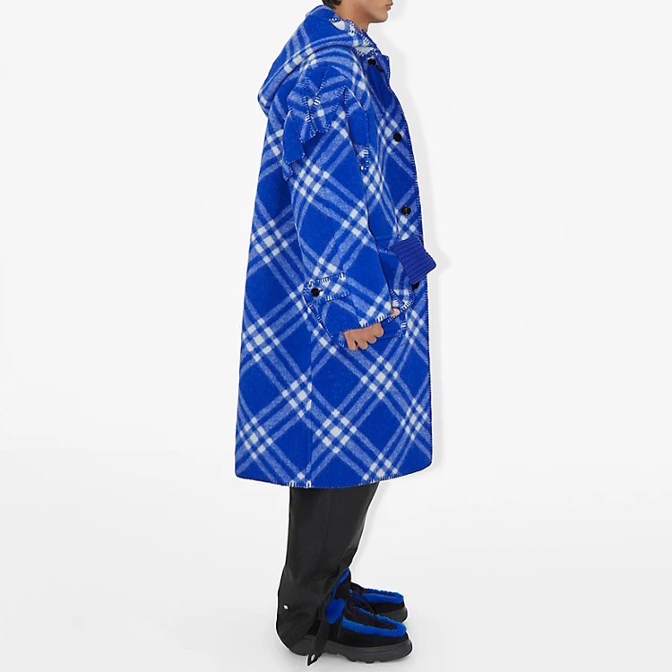 Burberry  Blue Hooded Plaid Wool Coat with Pockets and Long Sleeves 80789131 圖 5