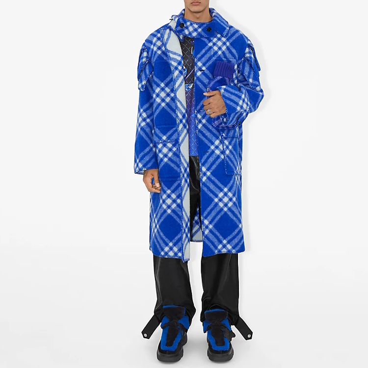 Burberry  Blue Hooded Plaid Wool Coat with Pockets and Long Sleeves 80789131 圖 6