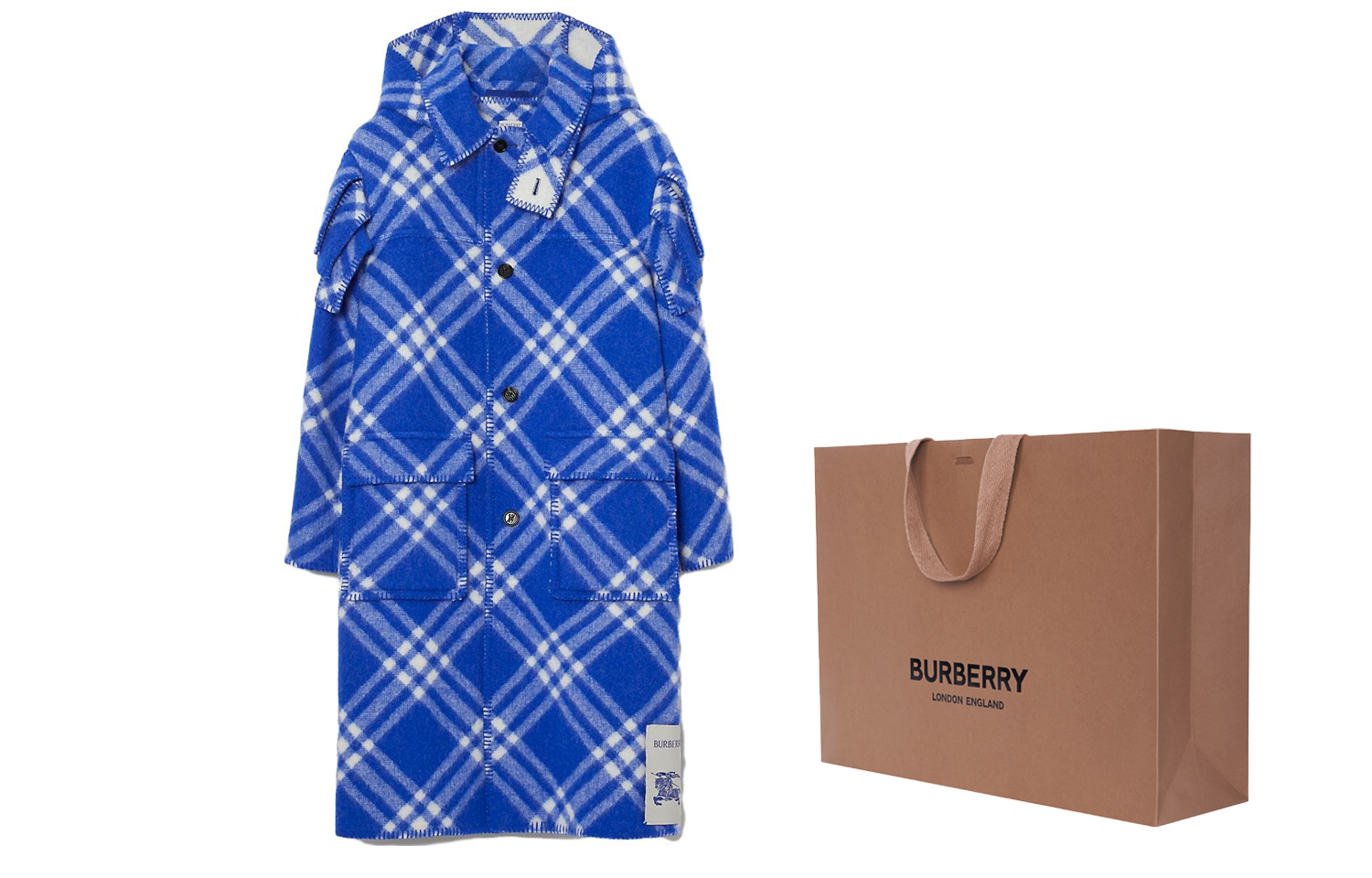 Burberry  Blue Hooded Plaid Wool Coat with Pockets and Long Sleeves 80789131 圖 8