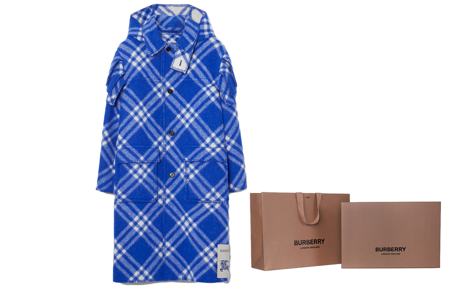 Burberry  Blue Hooded Plaid Wool Coat with Pockets and Long Sleeves 80789131 圖 9