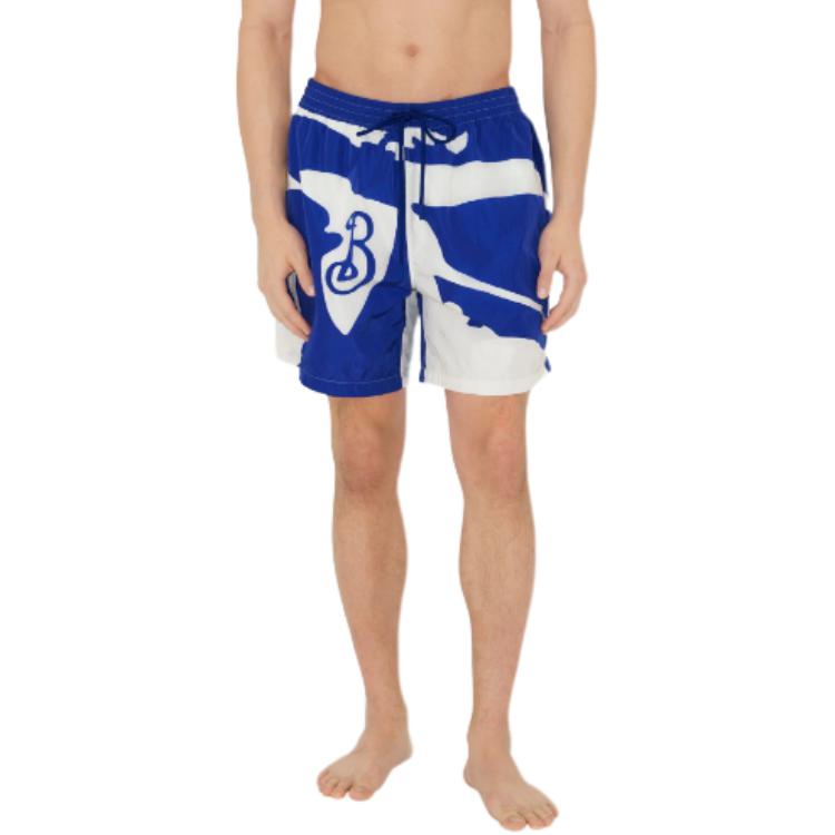 Shop Burberry  Blue Pattern Print Elastic Waist Swim Trunks. 80900651