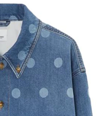 Burberry Blue Polka Dot Print Denim Jacket with Single-Breasted Collar. 80676411 Sizing Burberry Blue Polka Dot Print Denim Jacket with Single-Breasted Collar. 80676411