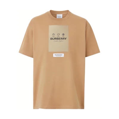 Burberry Brown Letter Logo Patch Colorblock Crew Neck Oversized T-Shirt. 80575301