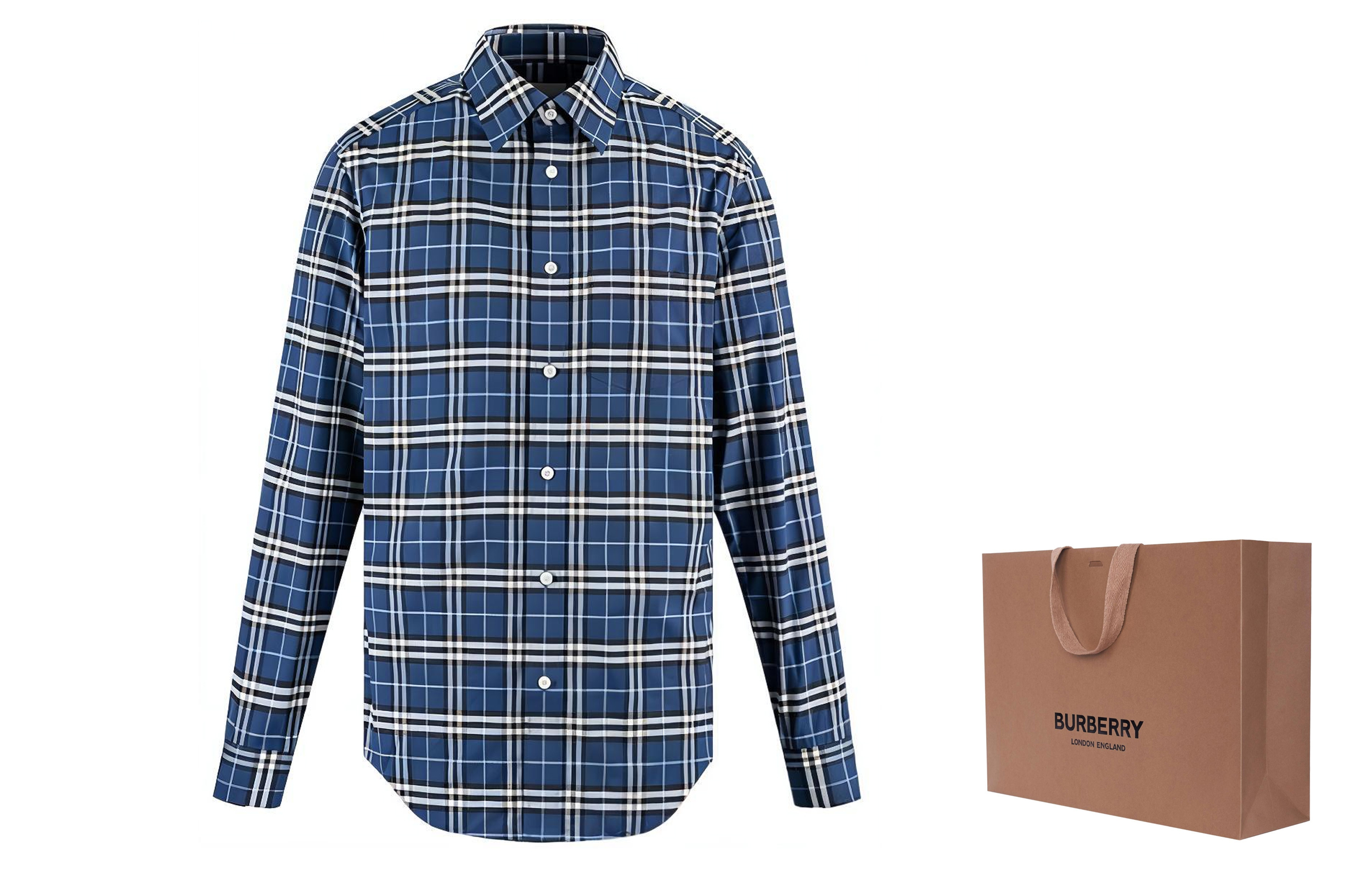 Lookbook Burberry Kemeja Lengan Panjang Biru Kotak-Kotak Kancing Model Kerah. 80114001