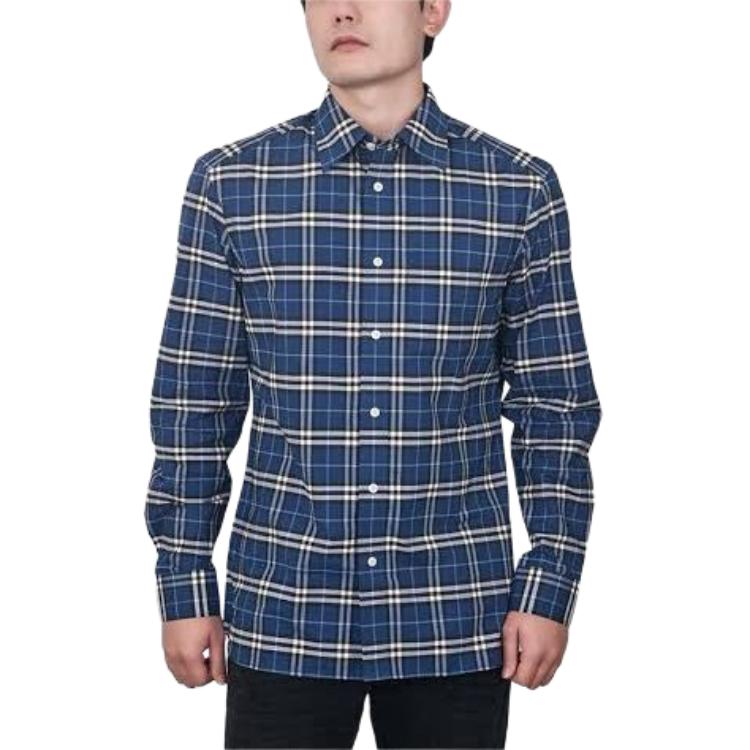 Shop Burberry Kemeja Lengan Panjang Biru Kotak-Kotak Kancing Model Kerah. 80114001