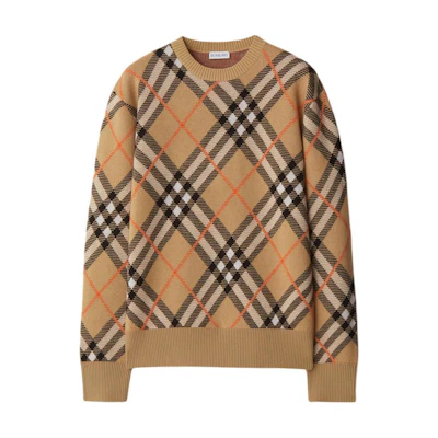 Burberry Check Knit Crewneck Loose-Fit Sweater Beige. 80934971