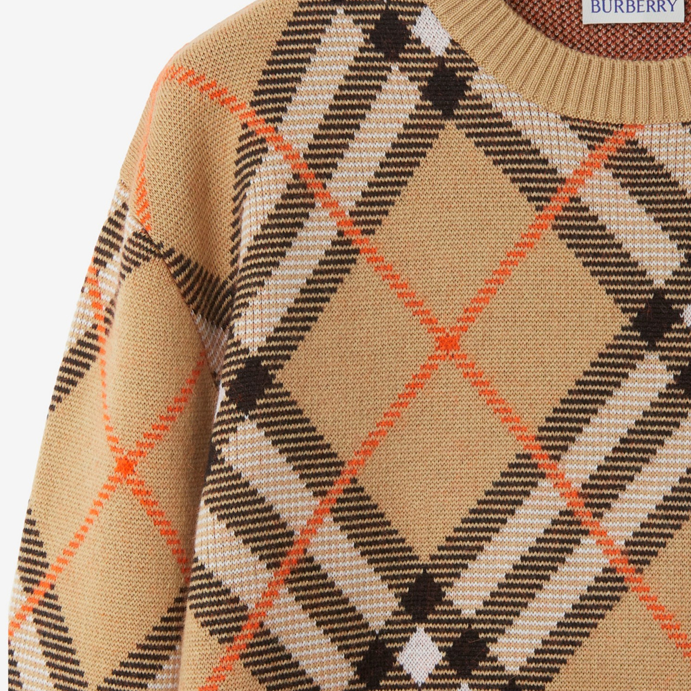 Sizing Burberry Check Knit Crewneck Loose-Fit Sweater Beige Lelaki/Wanita. 80934971