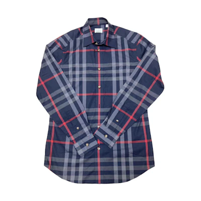 Burberry Check Long Sleeve Button-Up Shirt in Dark Blue. 80842881
