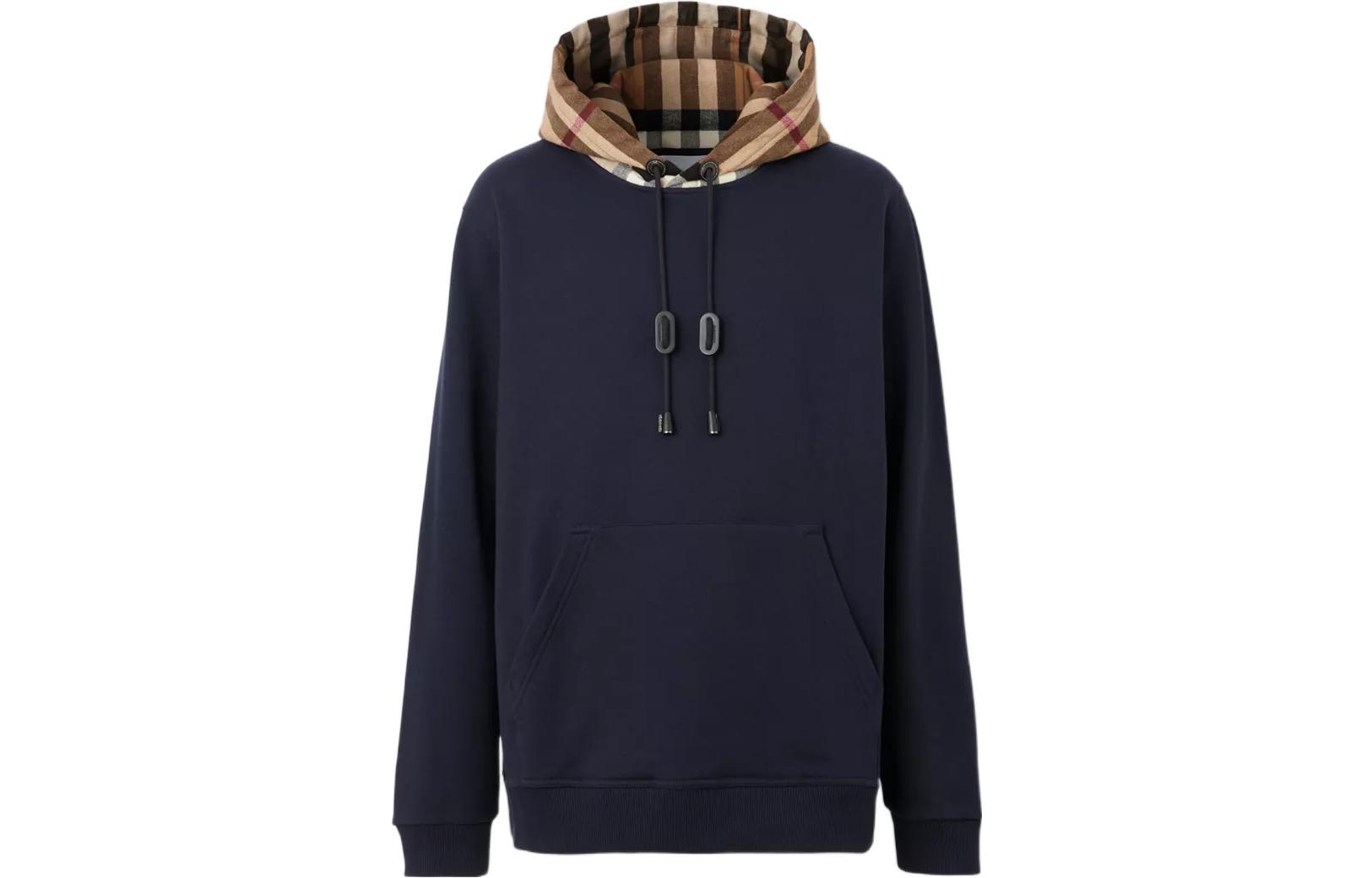 Burberry  Check Pattern Drawstring Hoodie in Dark Blue. 80575121