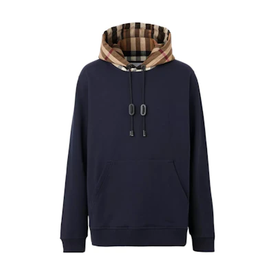 Burberry Check Pattern Drawstring Hoodie in Dark Blue. 80575121
