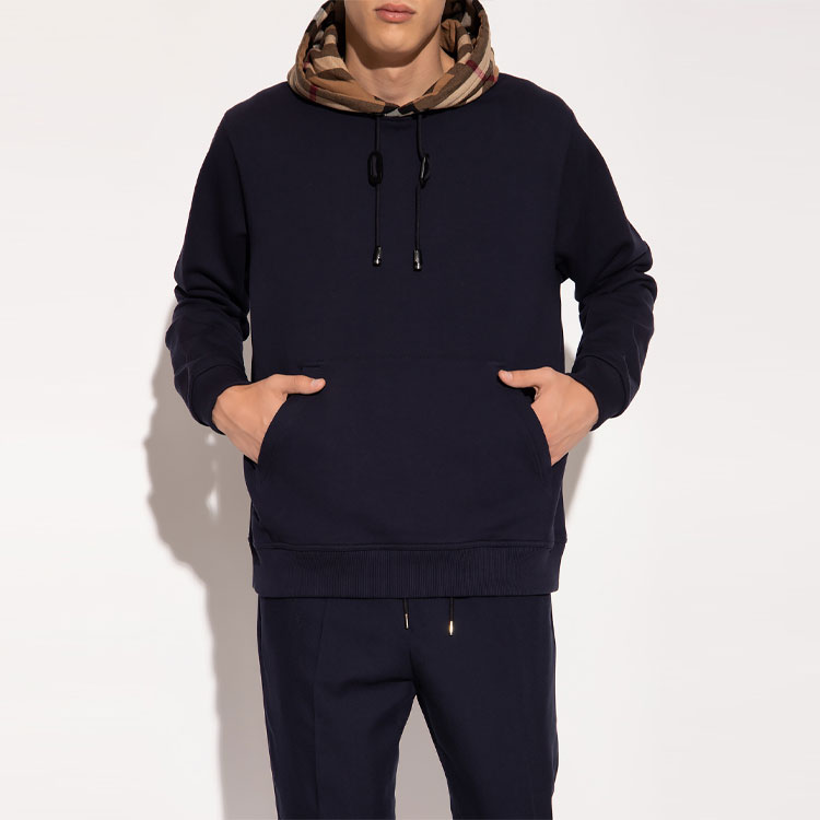 Burberry  Check Pattern Drawstring Hoodie in Dark Blue. 80575121 圖 5