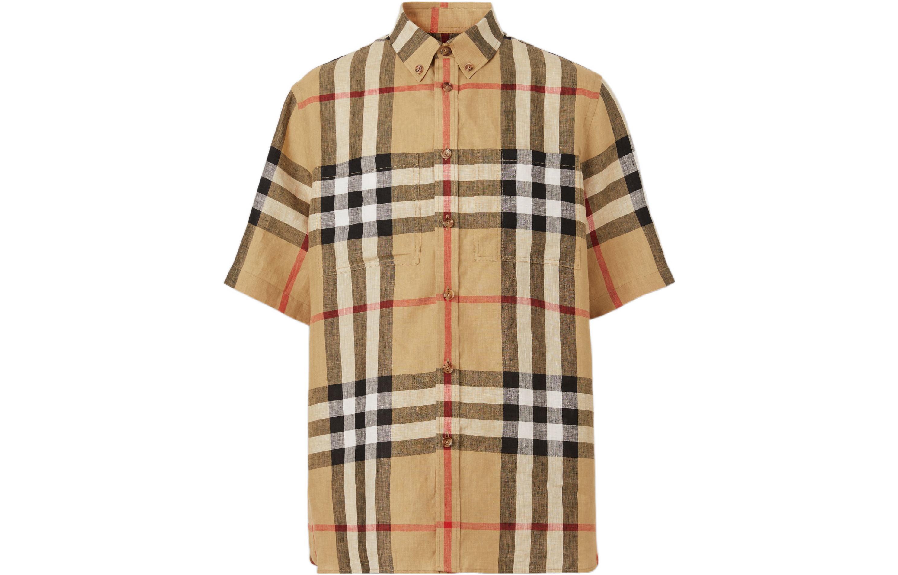 Burberry  Check Pattern Linen Loose Short Sleeve Shirt in Archive Beige. 80510731