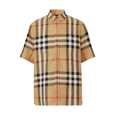 Burberry Check Pattern Linen Loose Short Sleeve Shirt in Archive Beige. 80510731