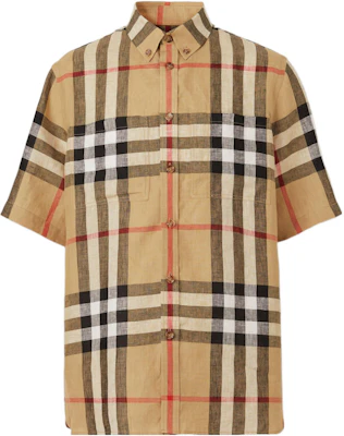 Burberry Kemeja Corak Kotak Linen Lengan Pendek Longgar - Archive Beige. 80510731 Order Burberry Kemeja Corak Kotak Linen Lengan Pendek Longgar - Archive Beige. 80510731