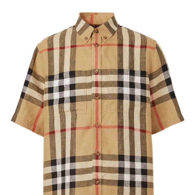 Details for Camisa de Manga Corta Holgada de Lino con Patrón a Cuadros de Burberry Beige Archivo. 80510731
