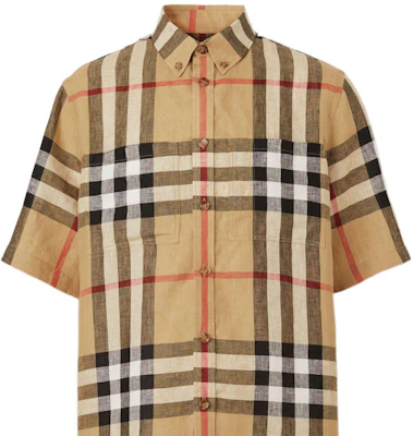 Burberry Kemeja Corak Kotak Linen Lengan Pendek Longgar - Archive Beige. 80510731 Details for Burberry Kemeja Corak Kotak Linen Lengan Pendek Longgar - Archive Beige. 80510731
