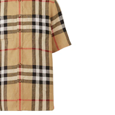 Burberry Kemeja Corak Kotak Linen Lengan Pendek Longgar - Archive Beige. 80510731 Sizing Burberry Kemeja Corak Kotak Linen Lengan Pendek Longgar - Archive Beige. 80510731