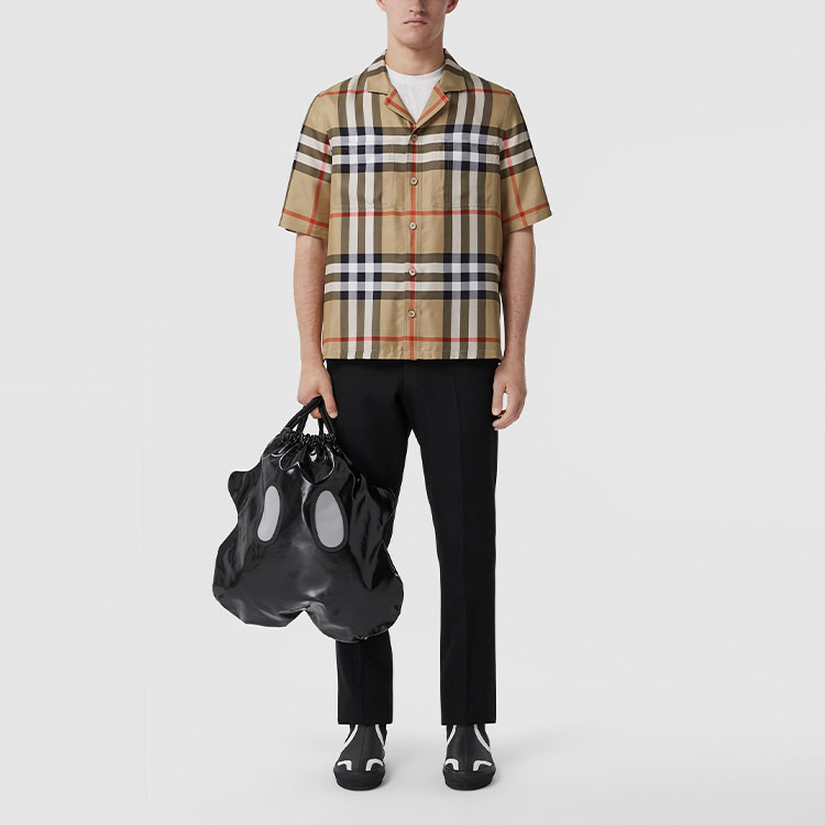 Shop Burberry  Check Short-Sleeve Button-Up Shirt in Archive Beige. 80502791