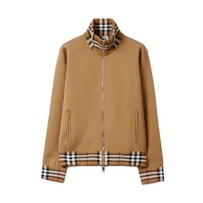 Burberry Checkered High-Neck Long-Sleeve Jacket in Camel Color. 80718621