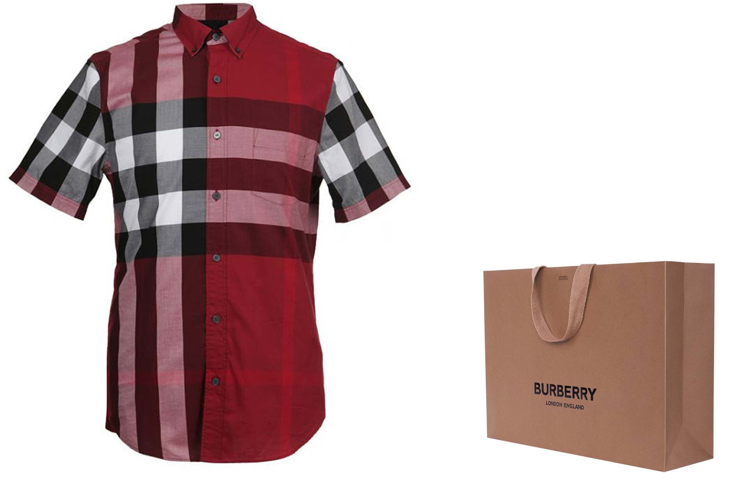 Shop Burberry Kemeja Lengan Pendek Colorblock Check Merah. 40046251