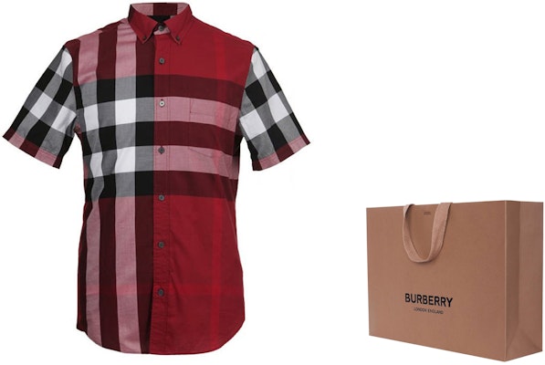 Burberry 紅色拼接格紋短袖襯衫 40046251 Shop Burberry 紅色拼接格紋短袖襯衫 40046251