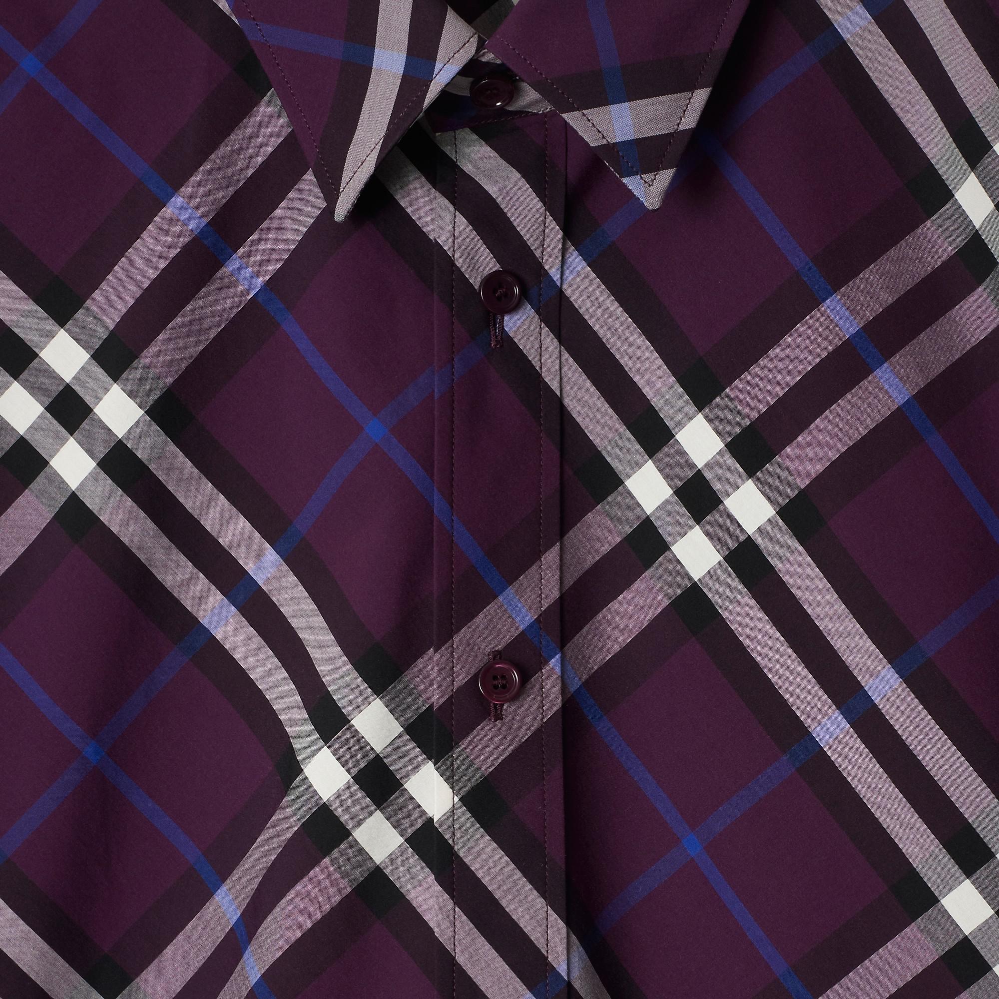 Cheap Burberry Kemeja Ungu Lengan Panjang Check Colorblock Single-Breasted 80953371