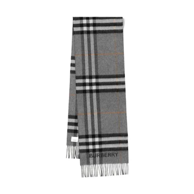 Burberry Gray Cashmere Check Fringe Scarf. 80592771