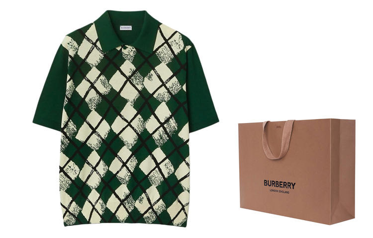 Shop Burberry 綠色撞色菱形格紋針織POLO衫 80831931
