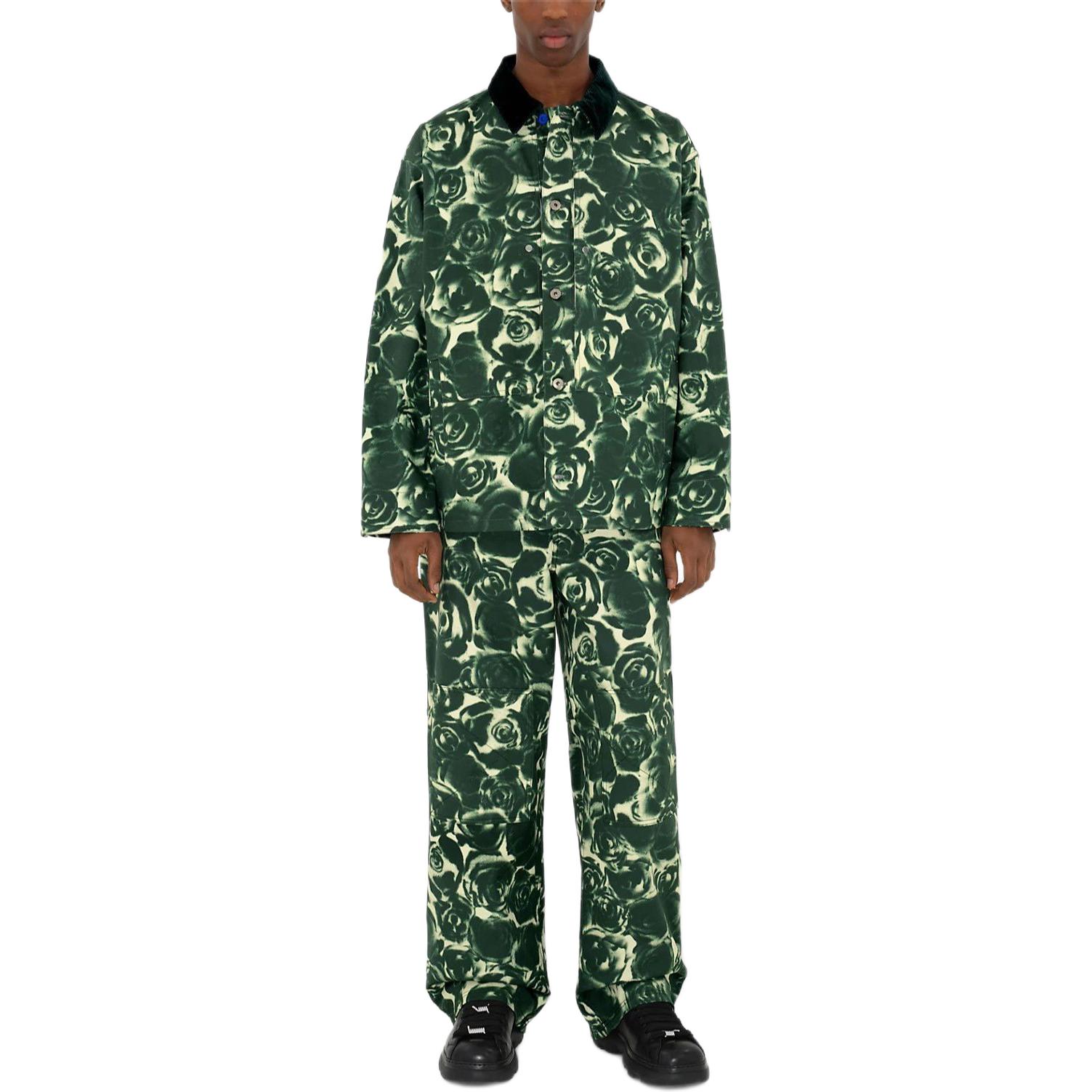 Shop 버버리 그린 플로럴 로즈 버튼 클로저 카라 코튼 자켓. 80806141