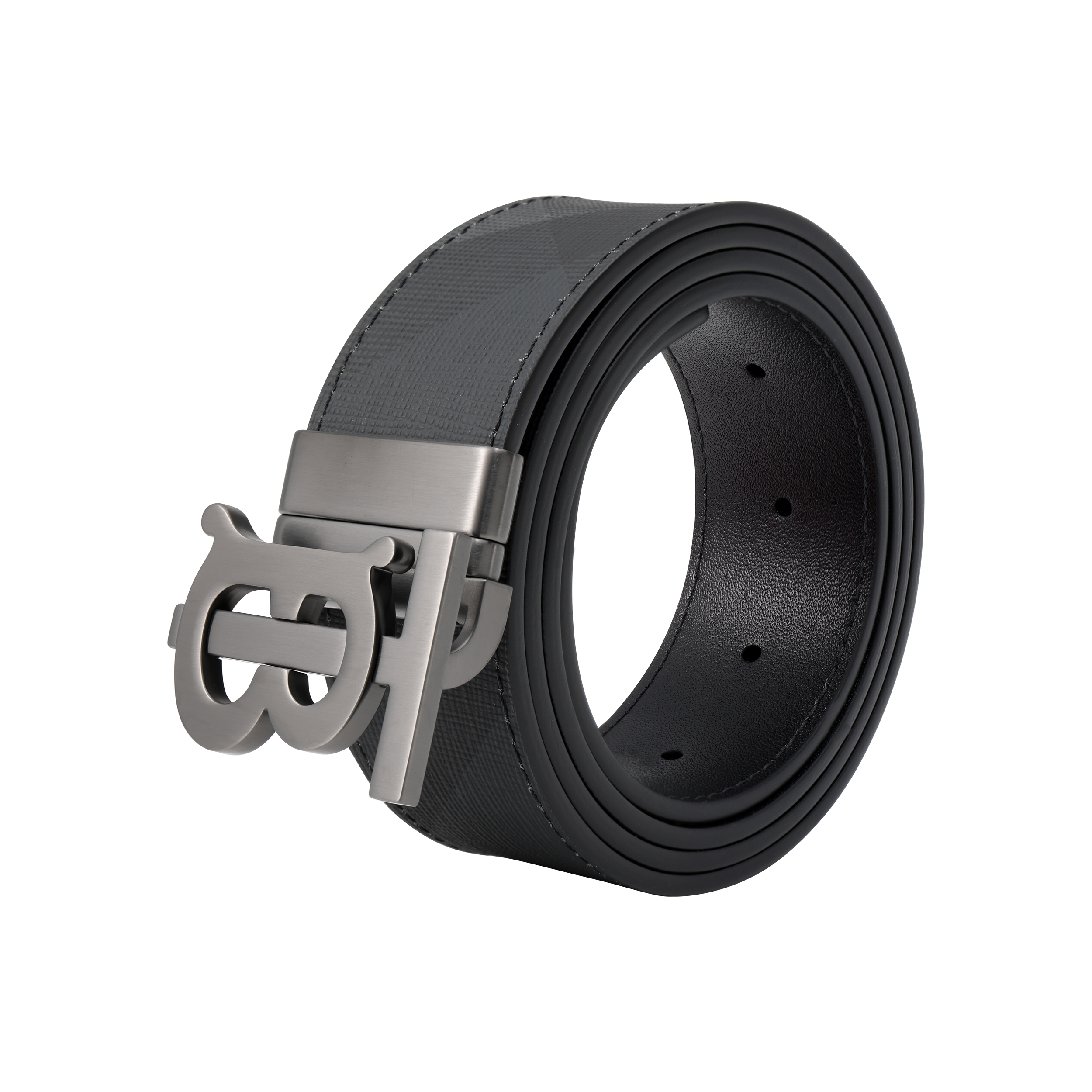 Shop Burberry Tali Pinggang Kulit dengan Buckle Huruf Licin Charcoal/Gunmetal, Lebar 3.5cm. 8065339