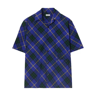 Burberry Loose Fit Check Short Sleeve Shirt Light Blue Equestrian Logo. 80906471