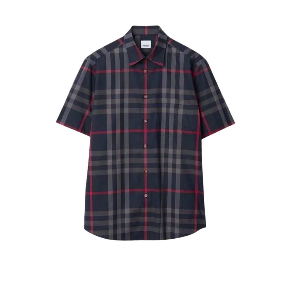 Burberry  Navy Blue Check Print Short-Sleeve Shirt 80842921