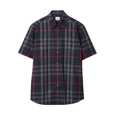 Burberry Navy Blue Check Print Short-Sleeve Shirt 80842921