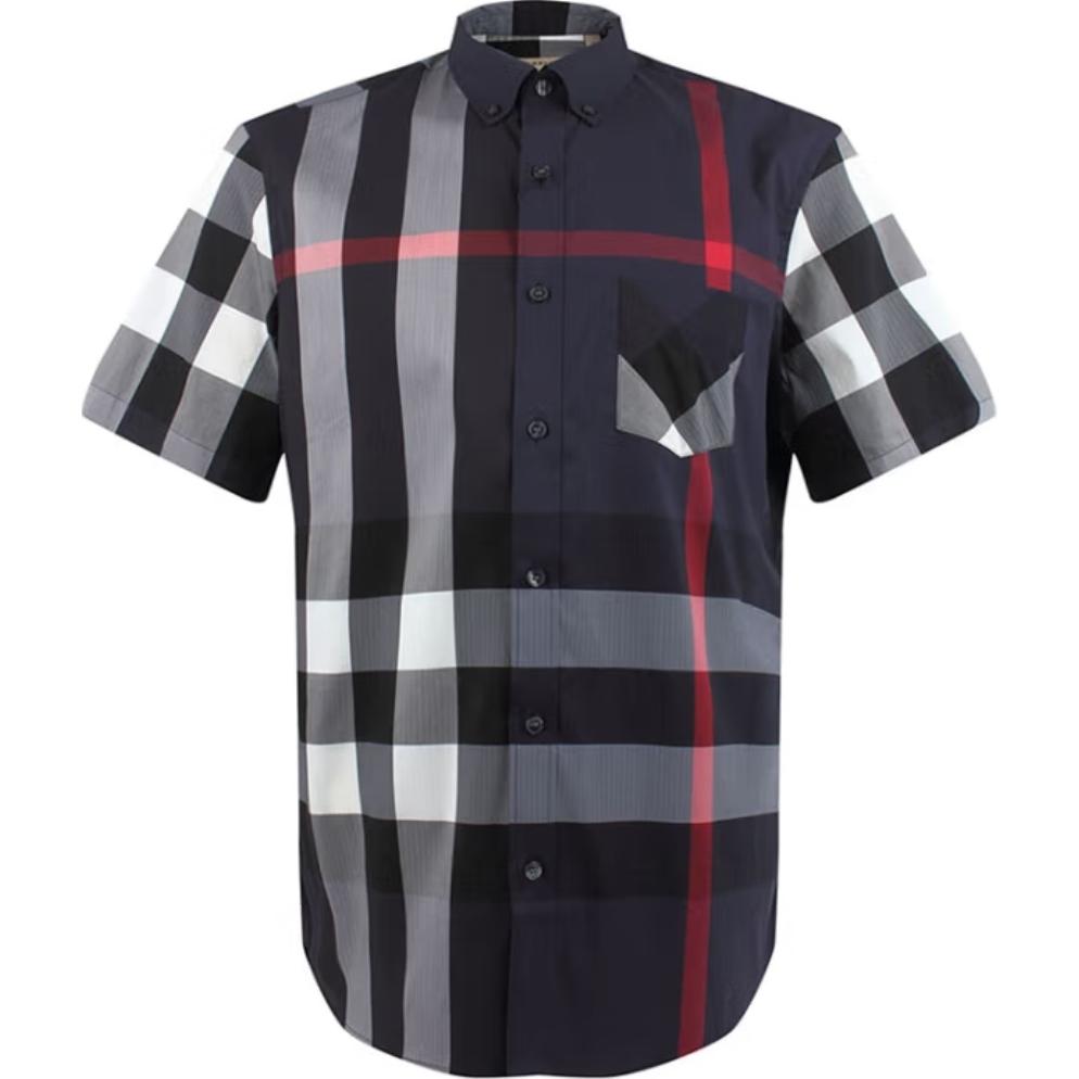 Burberry  Navy Blue Check Short-Sleeve Button-Up Shirt. 40458421