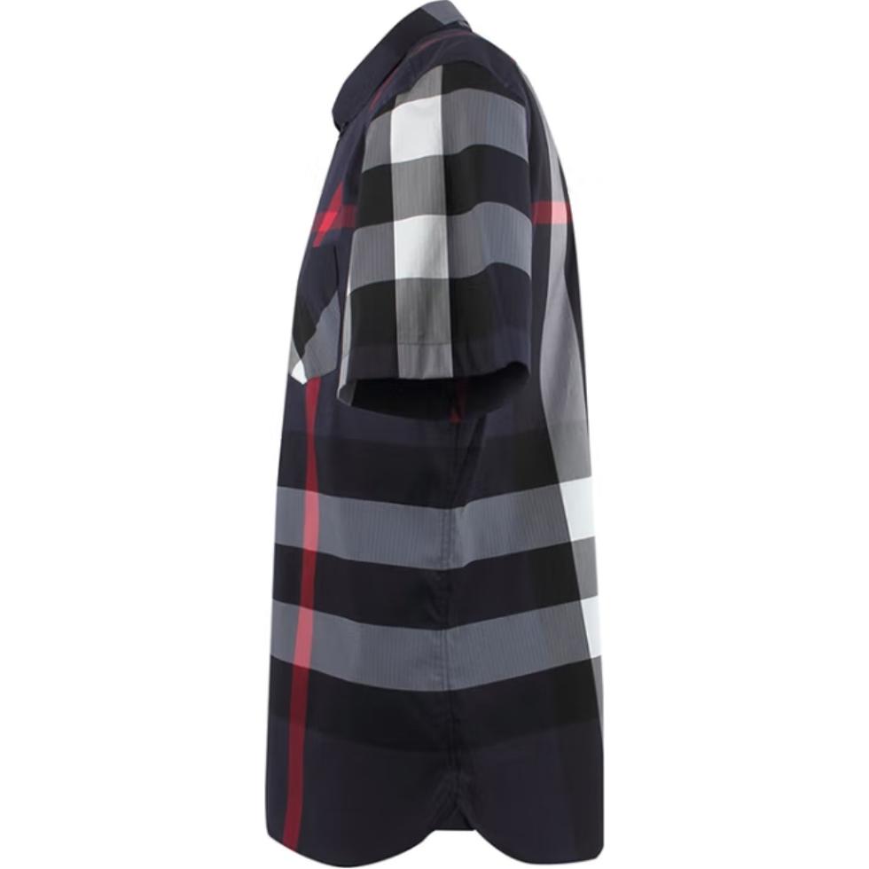 Shop 버버리 네이비 블루 체크 반팔 버튼업 셔츠. 40458421