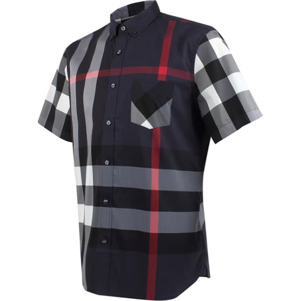 Purchase 버버리 네이비 블루 체크 반팔 버튼업 셔츠. 40458421