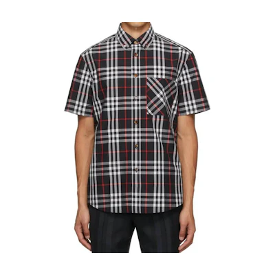 Burberry Navy Blue Check Short Sleeve Button-Up Shirt. 80734111