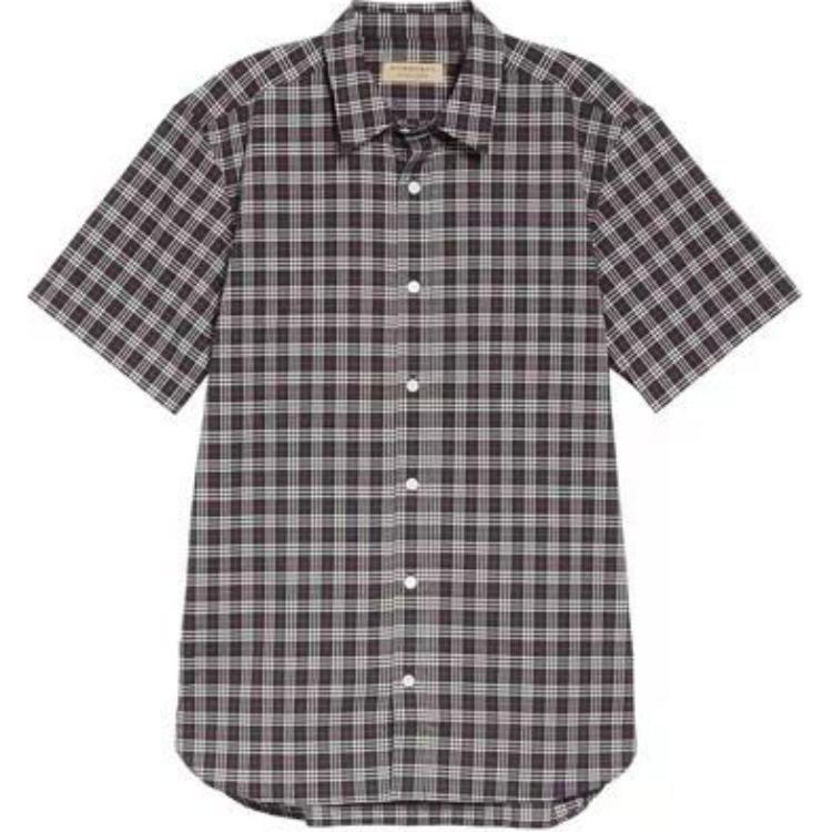 Burberry  Navy Blue Checkered Button-Down Short-Sleeve Shirt. 80034801