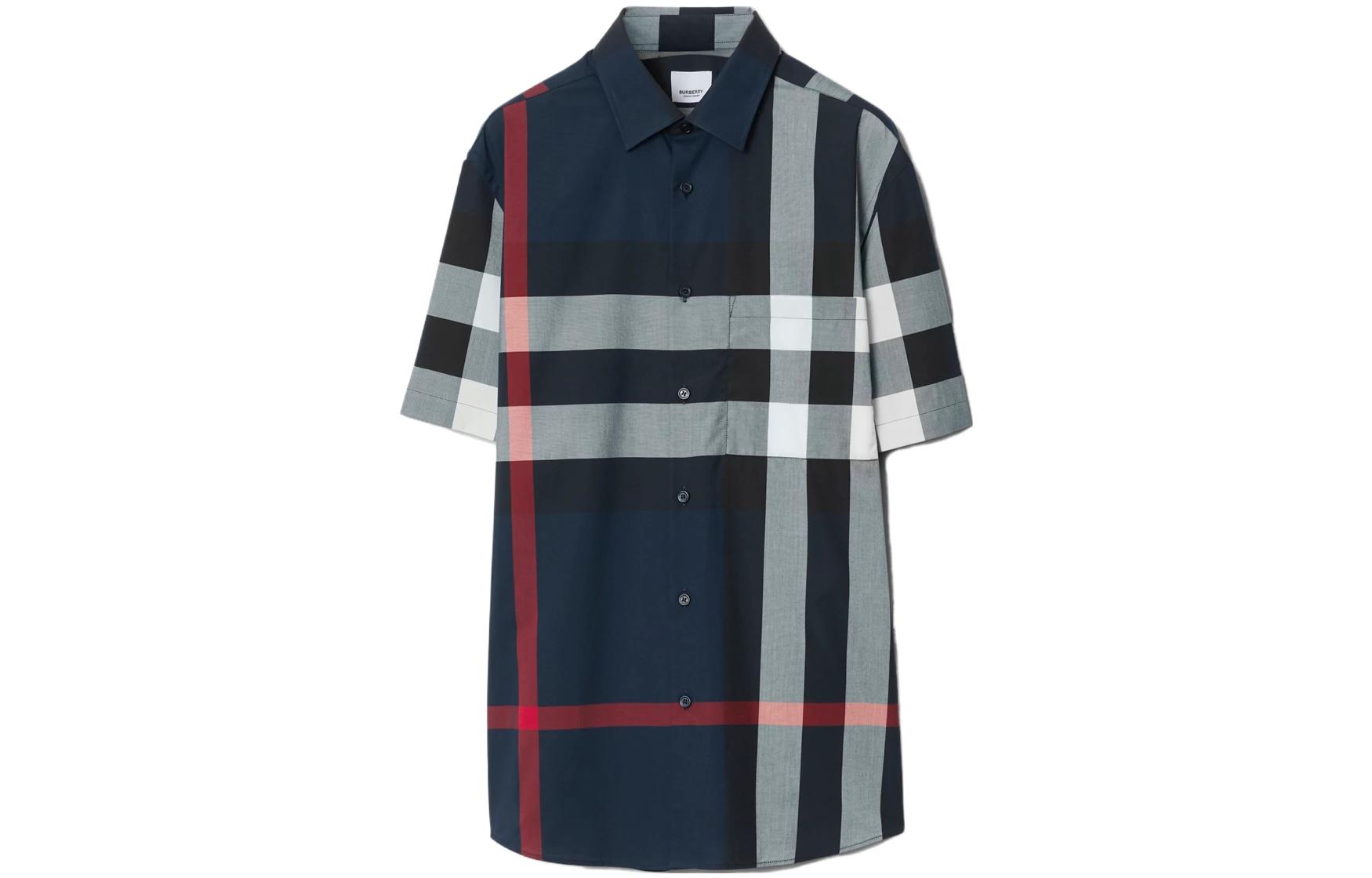Burberry  Navy Blue Checkered Button-Up Short Sleeve Shirt. 80795921