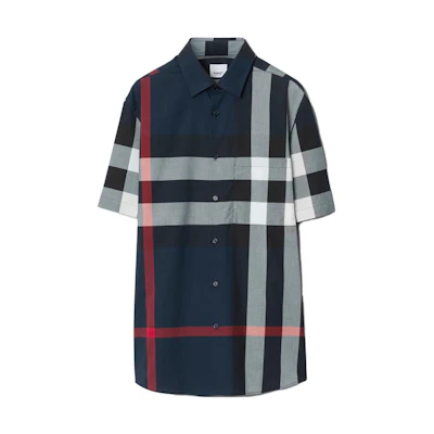 Burberry Navy Blue Checkered Button-Up Short Sleeve Shirt. 80795921