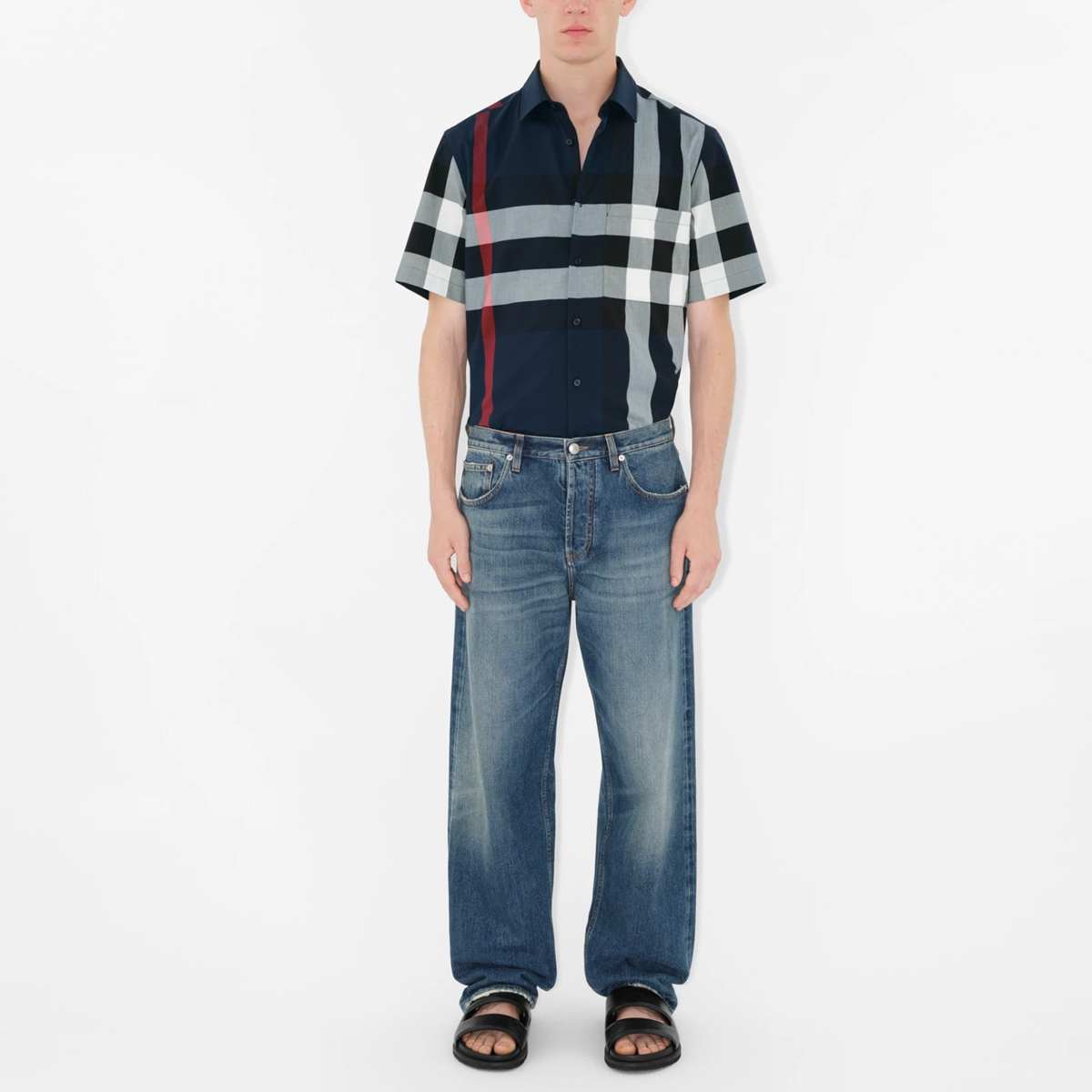 Burberry  Navy Blue Checkered Button-Up Short Sleeve Shirt. 80795921 圖 4