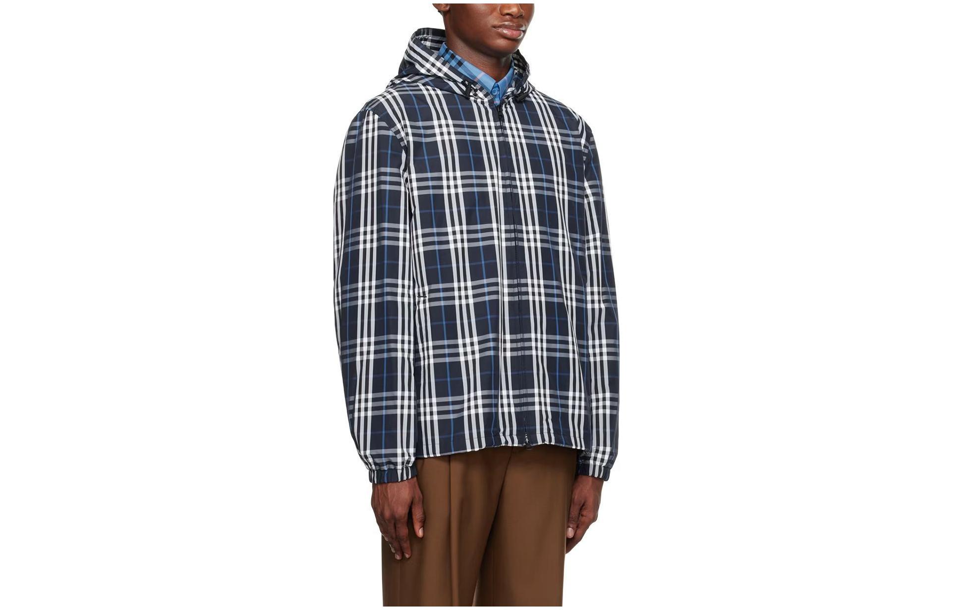 Shop Burberry Jaket Lengan Panjang Tudung Corak Kotak Biru Navy. 80742861