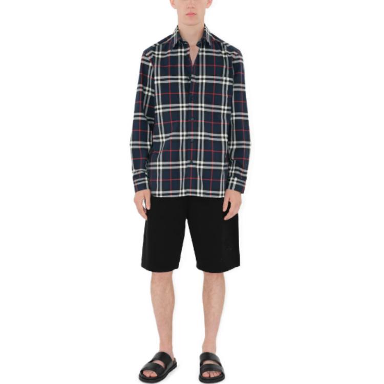 Shop Burberry  Navy Blue Checkered Long Sleeve Button-Up Shirt. 80732151