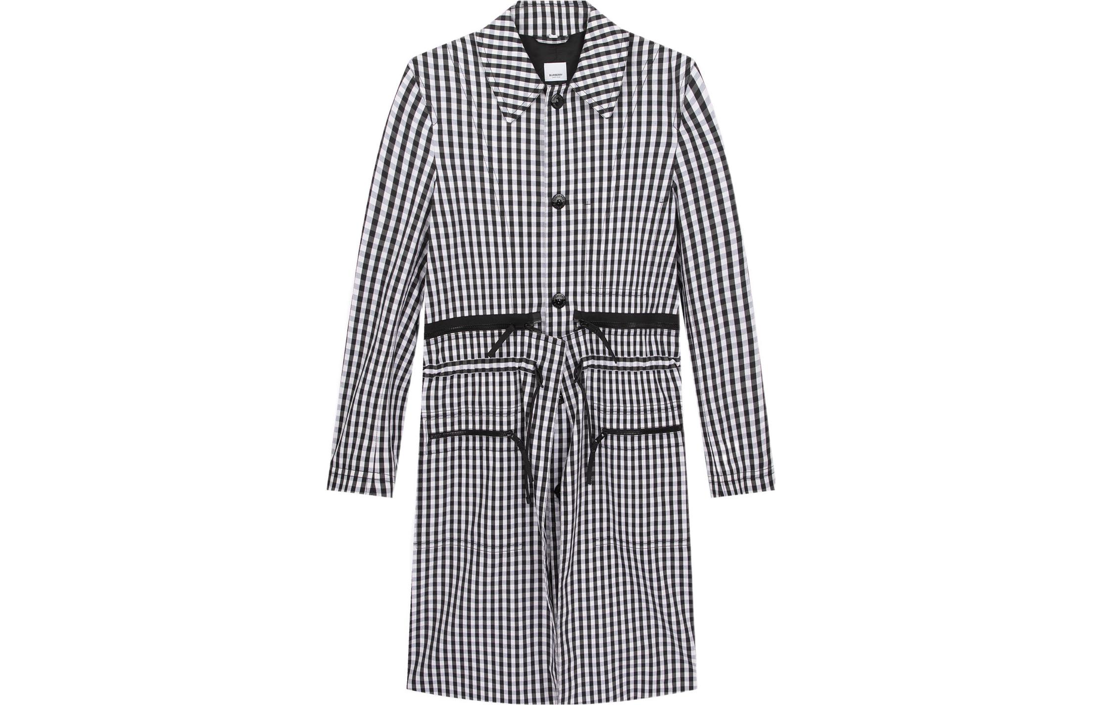 Burberry  Plaid Print Long Sleeve Mid-Length Trench Coat Black White 45635401 圖 2