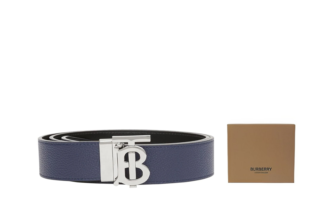 Burberry  Reversible Calf Leather Belt Blue 3.5cm with Silver Buckle Gift Set 8043246 圖 6