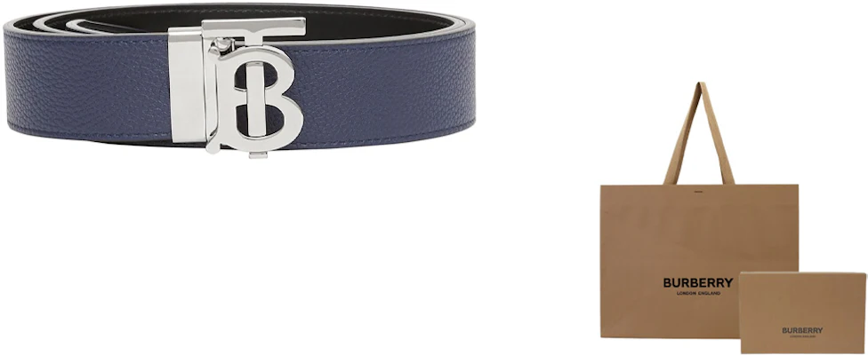 Burberry 可翻轉雙面藍色小牛皮腰帶3.5cm銀扣禮盒套裝 8043246 Sizing Burberry 可翻轉雙面藍色小牛皮腰帶3.5cm銀扣禮盒套裝 8043246
