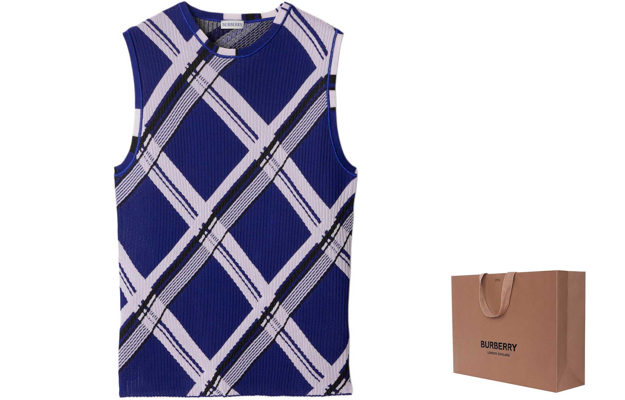 Shop バーバリー スリムフィットプルオーバーベスト ナイトブルー カラーブロックチェック 80872891